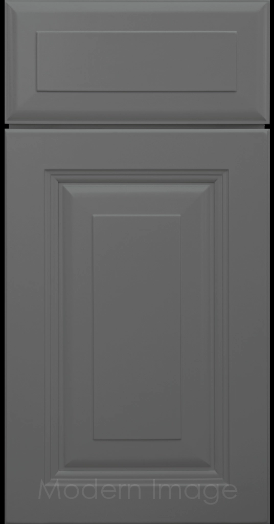 Durango raised panel cabinet door in aGun Metal color featuring a stepped molded frame.